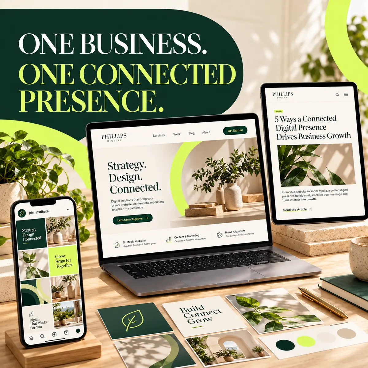 website blog social content together article artwork for Phillips Digital.